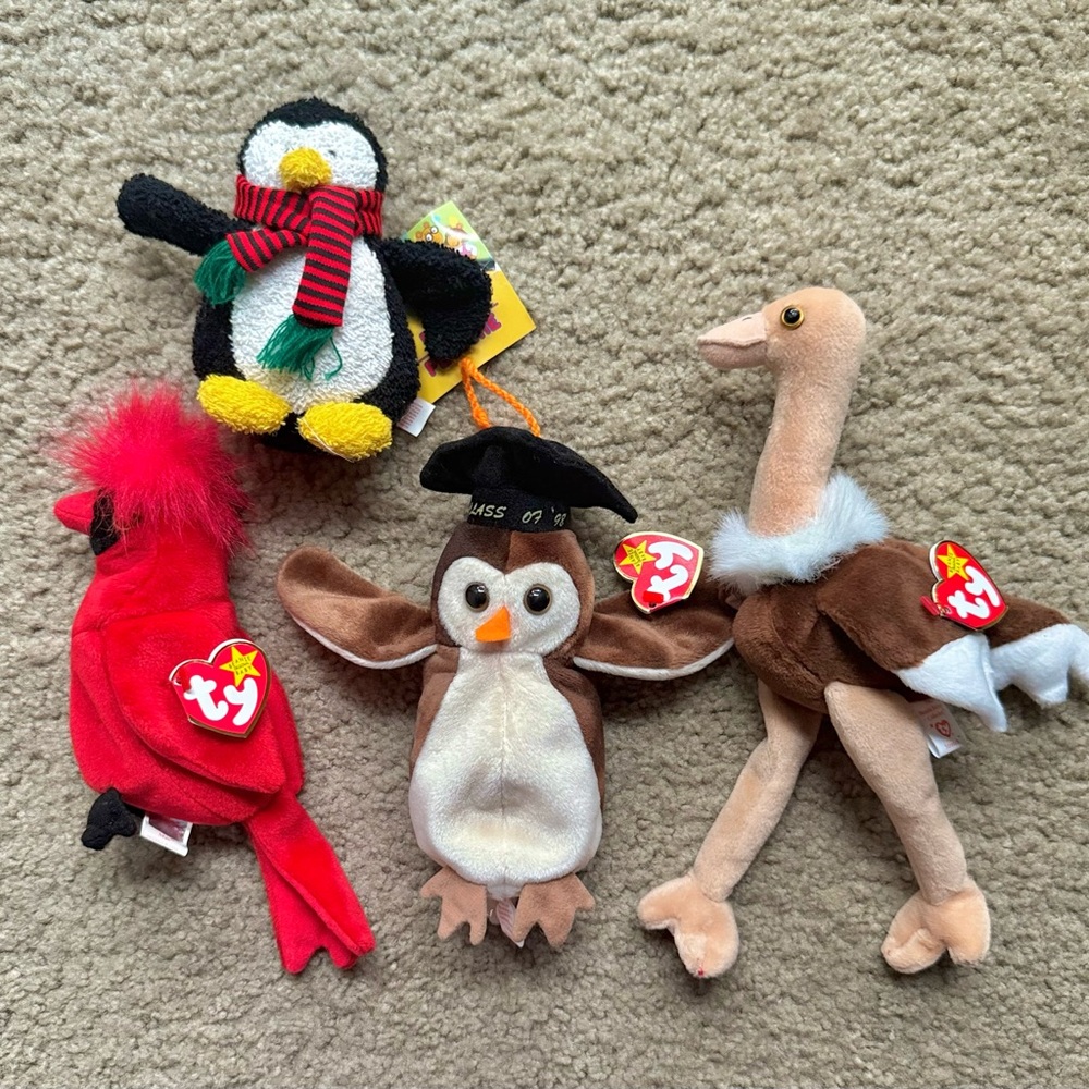 TY Beanie Babies NWT 4-Piece Plush Toys Set Owl, Ostrich, Mac Cardinal, Penguin - Picture 1 of 9